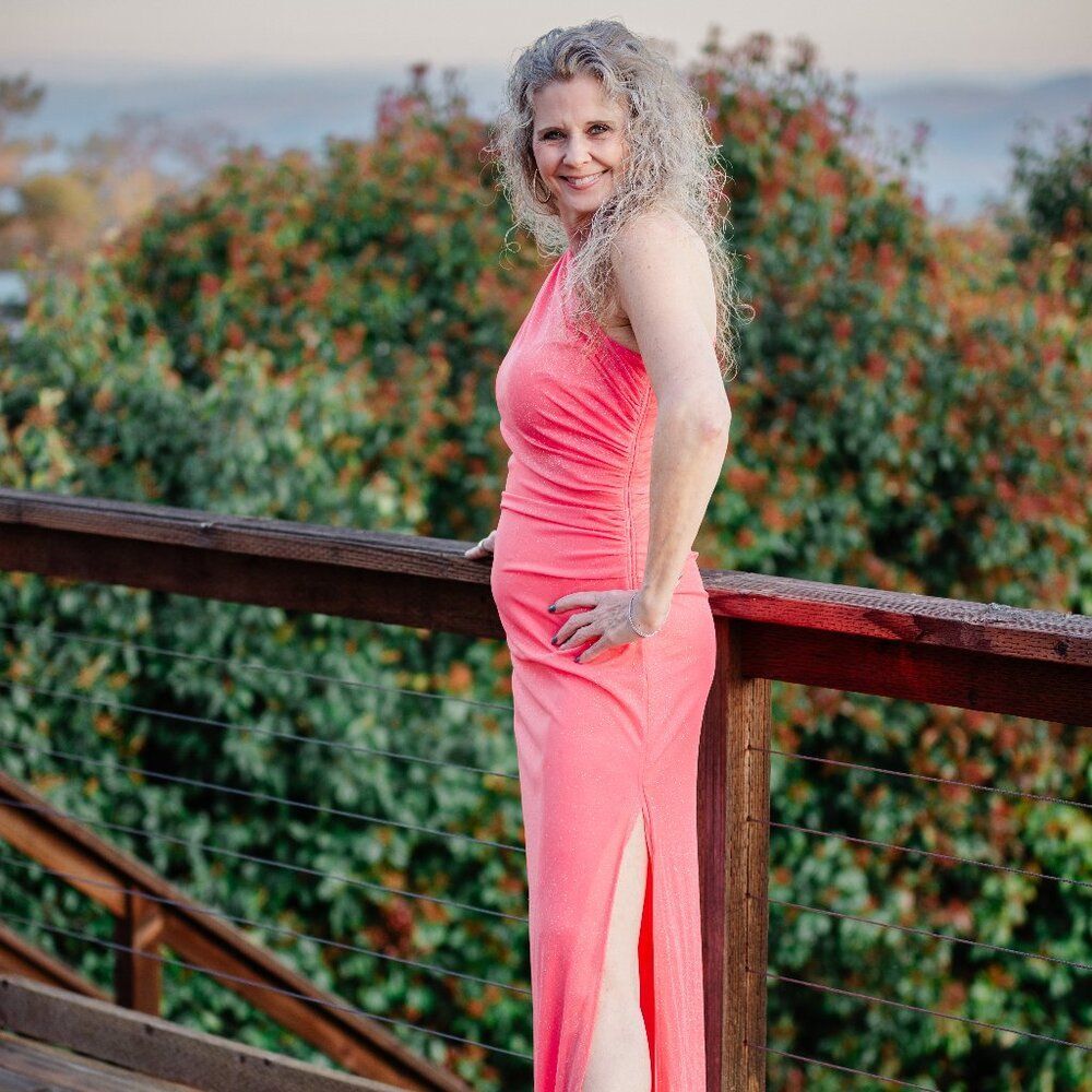Betsy & Adam Salmon Sparkle Floor Length One Shoulder Strap Dress - Picture 3 of 8